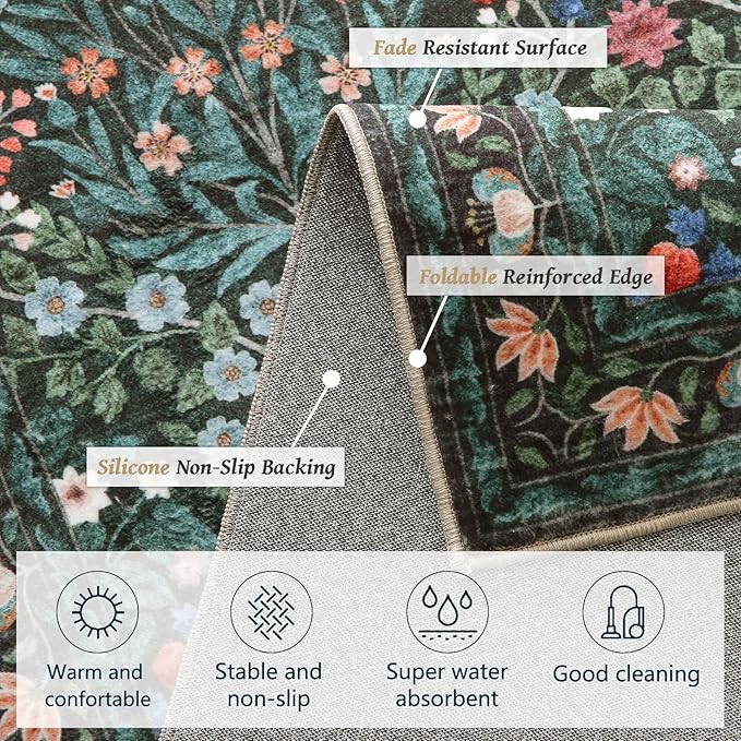 Washable Dark Green Rug for Living Room, 9x12 Large Area Rug for Dining Room, Bedroom, Soft, Low Pile, Non-Slip & Stain Resistant - Vintage Floral Design Carpet
