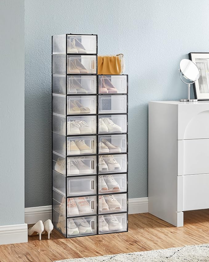 SONGMICS Shoe Boxes, Pack of 18 Shoe Storage Organizers, Stackable Clear Plastic Boxes for Closet, Sneakers, 13.1 x 9.1 x 5.6 Inches, Transparent and Black ULSP18SBKV1