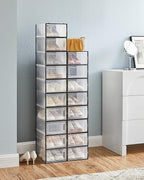 SONGMICS Shoe Boxes, Pack of 18 Shoe Storage Organizers, Stackable Clear Plastic Boxes for Closet, Sneakers, 13.1 x 9.1 x 5.6 Inches, Transparent and Black ULSP18SBKV1