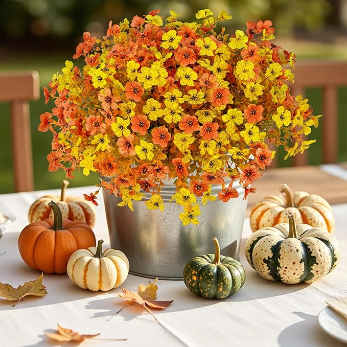 Artificial Fall Flowers for Outdoor Decoration,16 Bundles Faux Silk Colorful Flowers for Outside,UV Resistant Fake Flowers Plants for Front Door Patio Porch Yard Balcony Autumn Decor(F Orange Yellow)