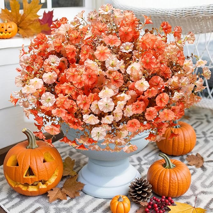Fake Mums Fall Artificial Flowers Plants for Outdoors Autumn Decoration, 12 Bundles Silk Morning Glory with Eucalyptus Realistic UV Resistant Faux Mums for Outside Planter Yard Garden Home Indoor, Mix