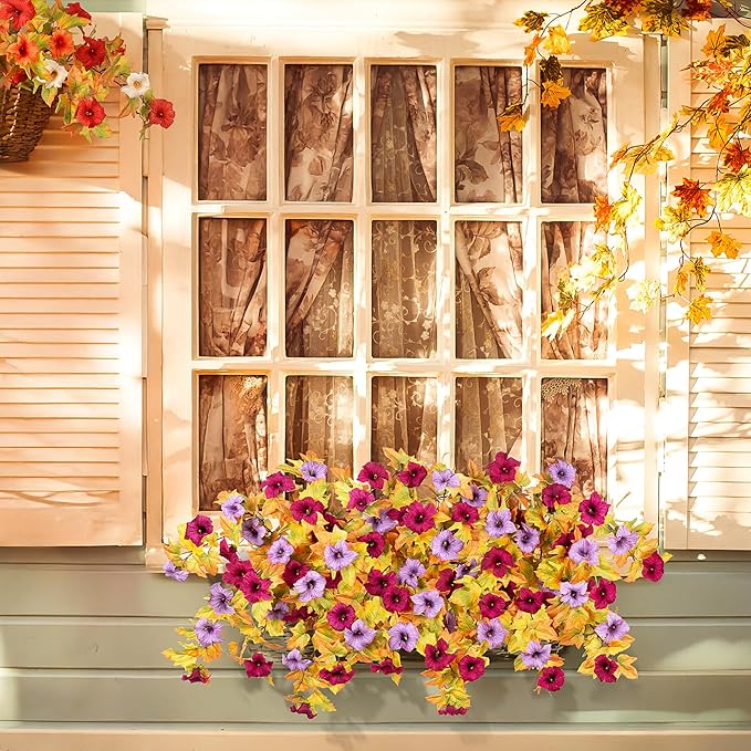 Artificial Fall Flowers Fake Petunias Plants for Outdoor Decoration, 2 Pcs Silk Faux Flowers UV Resistant No Fade Plants for Garden Balcony Yard Porch Realistic Indoor Decor (Burgundy Purple)