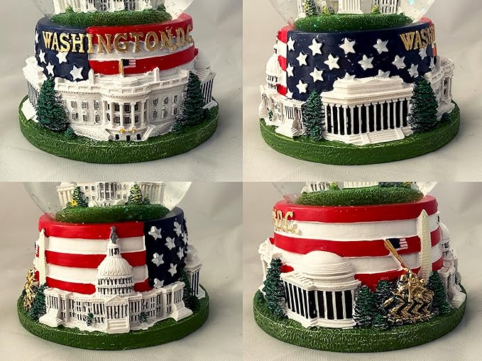 Washington, D.C. Snow Globe with Famous Buildings and Monuments - American Flag Base - Large