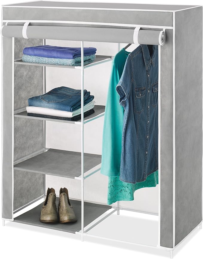 Whitmor Compact Clothes Closet - Space Saving - 4 Shelves and Hanging Closet Rod - Grey