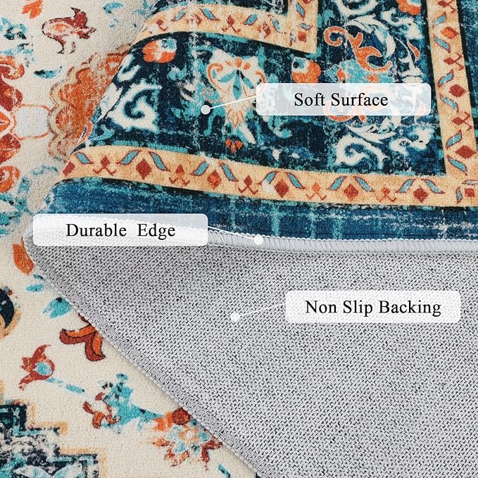 U'Artlines Boho Vintage Area Rug 3x5 Machine Washable Low Pile Soft Floor Carpet Non Slip Non Shedding Accent Rug for Living Room Bedroom Entryway Dining Room Office Orange/Multi
