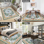 U'Artlines Boho Vintage Area Rug 5x7 Machine Washable Low Pile Soft Floor Carpet Non Slip Non Shedding Accent Rug for Living Room Bedroom Entryway Dining Room Office Green