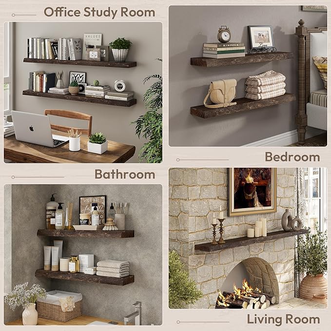 Marsmiles 55 inch Floating Shelves for Wall Elm Wood Live Edge Shelves Wall Mounted|Rustic Long Floating Shelves with Invisible Bracket for Bathroom Living Room Kitchen|Walnut, 1 Pack