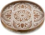 Hanobe Round Decorative Tray for Table: Boho Coffee Table Trays for Home Decor - Mid Century Farmhouse Circle Wood Serving Rustic Bohemian for Kitchen Counter Women