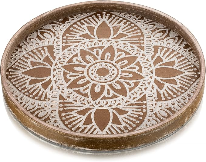 Hanobe Round Decorative Tray for Table: Boho Coffee Table Trays for Home Decor - Mid Century Farmhouse Circle Wood Serving Rustic Bohemian for Kitchen Counter Women