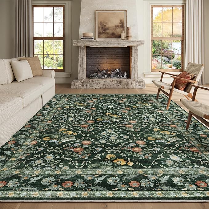 Vintage Botanical Dark Green Area Rug 8x10 Elegant Floral Pattern, Durable Stain-Resistant Fabric, Perfect for Living Room, Bedroom, Dining Room Decor