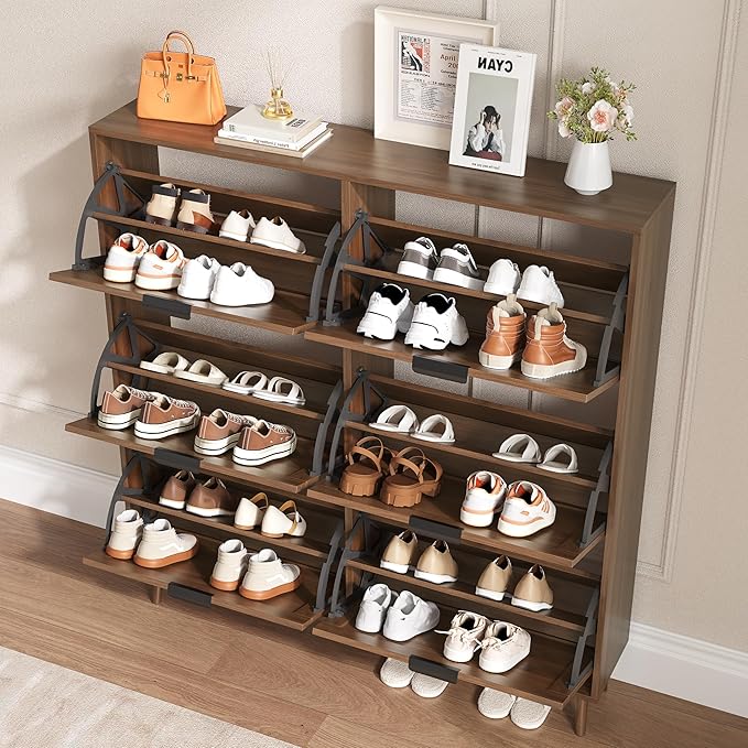 Shoe Cabinet for Entryway with 6 Flip Drawers, Slim Wooden Shoe Storage Organizer with Modern Fluted Pannel，Freestanding Narrow Hidden Shoe Rack for Hallway, Foyer, Living Room