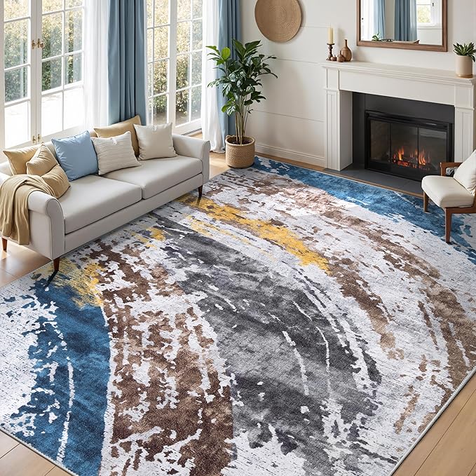 Ciicool Modern Abstract Rug for Living Room, 5x7 Machine Washable Area Rug Non-Slip Rug, Low-Pile Contemporary Indoor Dining Floor Carpet for Bedroom Office Under Table Home Decor Grey Blue Swirl