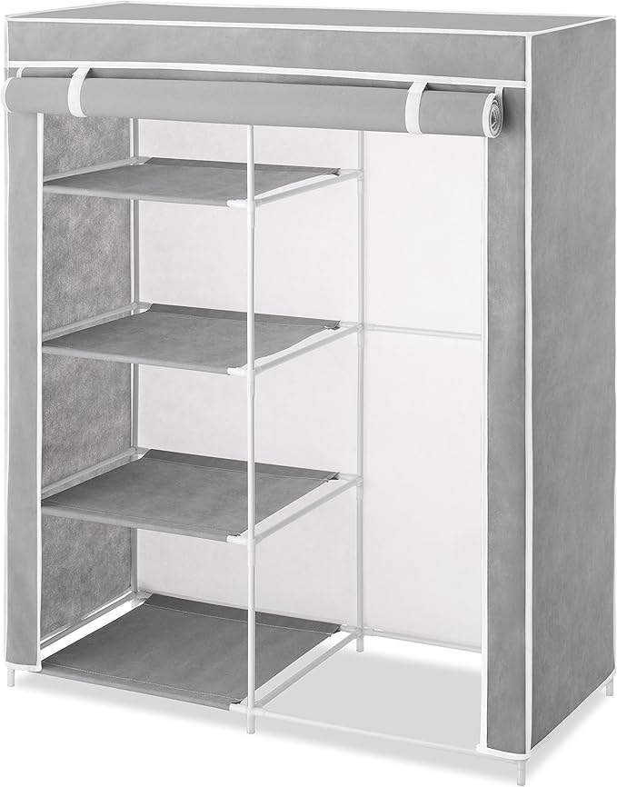 Whitmor Compact Clothes Closet - Space Saving - 4 Shelves and Hanging Closet Rod - Grey