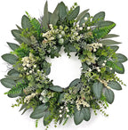 24 Inch Greenery Wreaths for Front Door – Artificial Eucalyptus Wreath with White Berries and Mixed Green Leaves, Year-Round Farmhouse Indoor Outdoor Door Wreath for Spring Summer Home Decor
