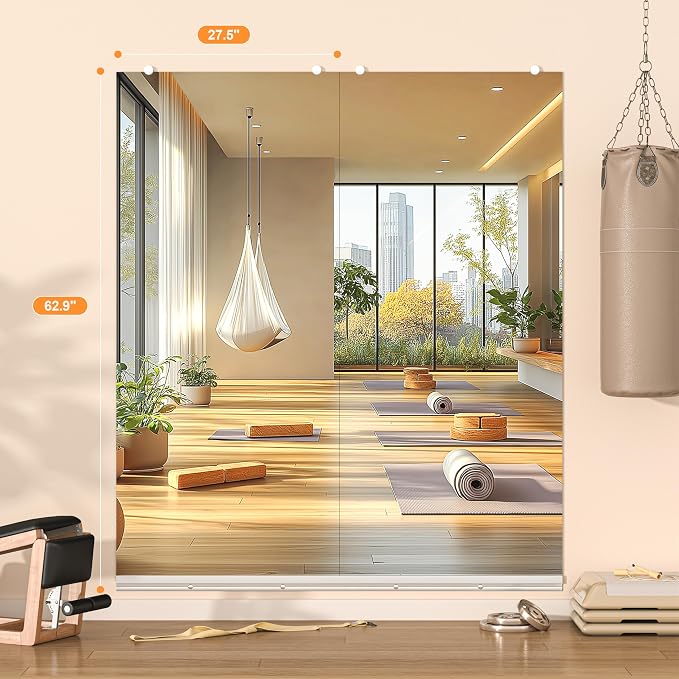 Hasipu Home Gym Mirror, 63"x28" Each, 1-Pack Frameless Wall Mounted Mirrors with Glass Clamps & 1 Aluminum Rail, Large Body Mirror for Home Gym, Yoga Studio, Bedroom, Silver Tempered Glass
