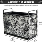 Jungle Theme Magazine Holder - Black & White Embroidered Fabric Magazine Rack Floor, Vintage Faux Leather Newspaper Book Basket Box for Bathroom, Living Room and Toilet (Random Pattern)