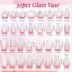 Der Rose Glass Bud Vases Set of 32 Small Pink Flower Vases for Rustic Wedding Centerpieces Table Decorations and Home Office Decor(Pink)