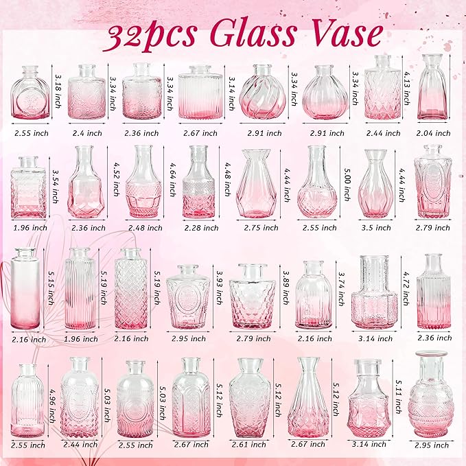 Der Rose Glass Bud Vases Set of 32 Small Pink Flower Vases for Rustic Wedding Centerpieces Table Decorations and Home Office Decor(Pink)