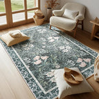 Vintage Floral with Ornate Border Washable 4x6 Area Rug, Soft Low Pile Carpet for Living Room, Dining Room Under Table, Bedroom | Non-Slip, Stain Resistant & Durable