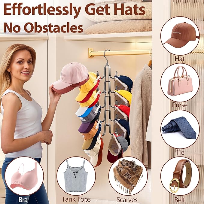 10-Hook Hat Hangers for Closet, Stainless Steel Hat Organizer, Collapsible Hat Holder, 360° Rotating Cap Rack, Space Saving Hat Storage for Baseball Caps