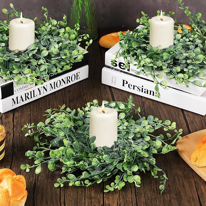 8 Pcs Mini Boxwood Wreath Green Table Centerpieces Spring Pillars Candle Rings Wreaths 9 Inch Wreath for Cabinets Farmhouse Wreaths with Ribbon for Front Door Porch Wall Window Decorations