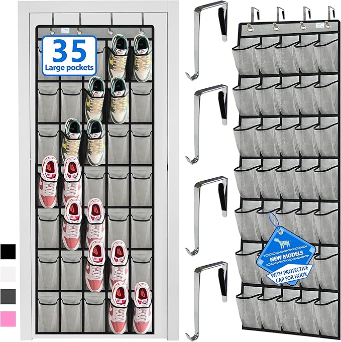 over the door shoe organizer,2025 upgraded,shoe organizer,35 Huge pockets,over door shoe organizer,Store size 13 shoes,shoe organizer,Strong material,hooks Suitable for various doors,Grey/black