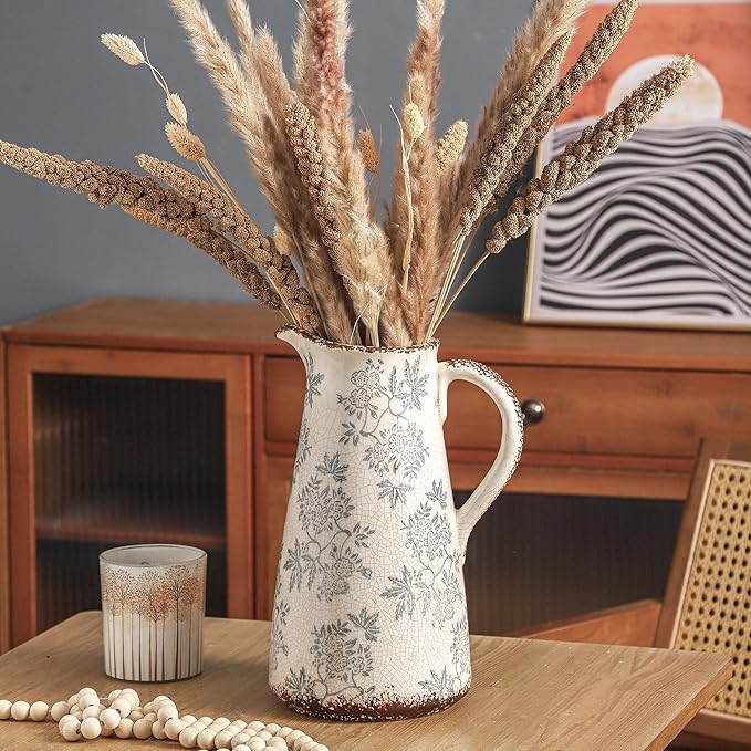 Enra Blue and White vase with Handle,12.2 inch Ceramic Vintage Decorative Flower Pitcher vase, Large Rustic Vases for Home Decors, Living Room, Bookshelf, Office