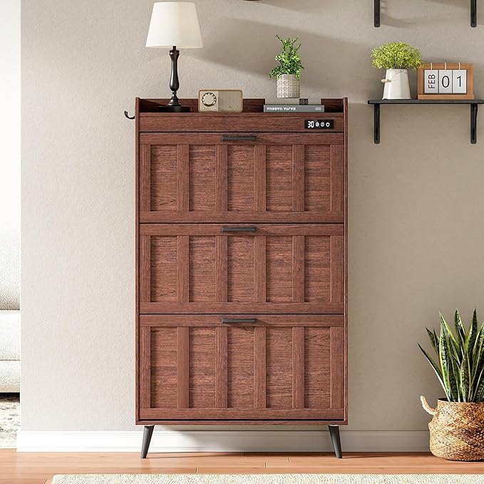 ChooChoo Shoe Storage Cabinet with 3 Flip Drawers, Deodorizing Shoe Organizer Storage for Entryway, Freestanding Hidden Slim Narrow Shoe Rack Cabinet, Walnut