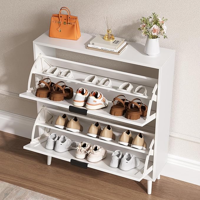 Shoe Cabinet for Entryway with 2 Flip Drawers, Slim Wooden Shoe Storage Organizer with Modern Fluted Pannel，Freestanding Narrow Hidden Shoe Rack for Hallway, Foyer, Living Room