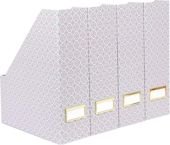 BLU MONACO | Foldable Magazine File Holder Set of 4 | Moroccan Tile Cardboard Organizers | Vertical Desk and Shelf Storage for Home Office Dorm | Decorative File Boxes