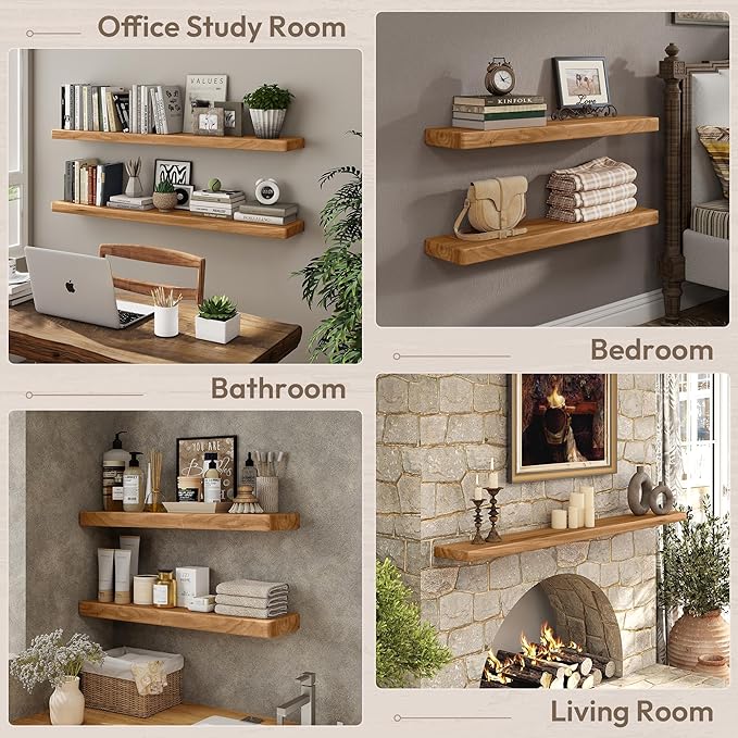 Marsmiles 40 inch Floating Shelves for Wall Solid Elm Wood Wall Mounted Shelves|Rustic Long Floating Shelves with Invisible Bracket for Bathroom Kitchen|Rounded Edge|Natural, 1 Pack