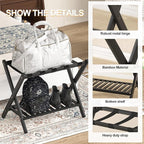 Luggage Racks Suitcase Stand Foldable With Storage Shelf For Guest Room Hotel Essentials Solid Bamboo Heavy-Duty Item Holder Black
