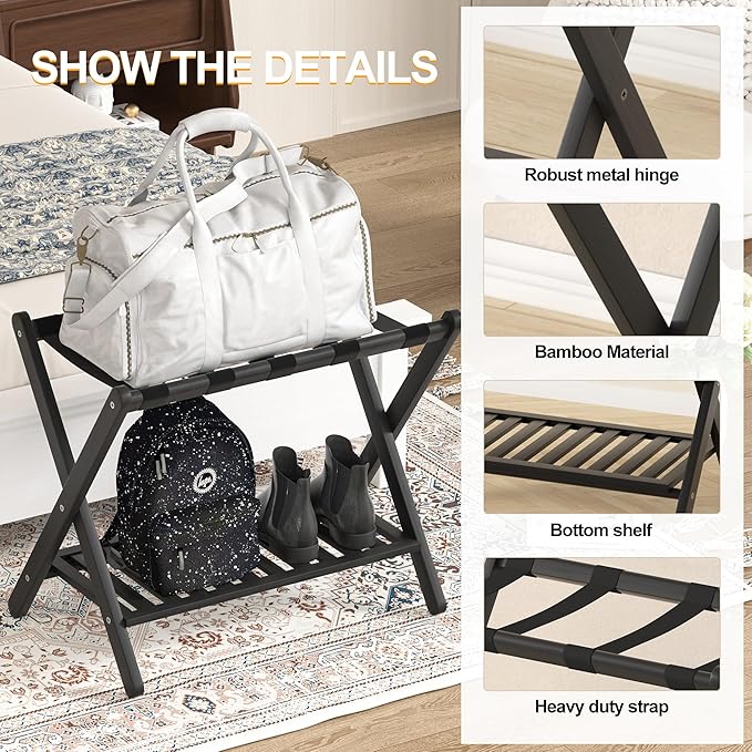 Luggage Racks Suitcase Stand Foldable With Storage Shelf For Guest Room Hotel Essentials Solid Bamboo Heavy-Duty Item Holder Black