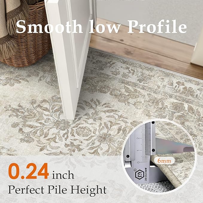 3x4 Area Rug Beige Washable Office Vintage Distressed Carpet Bedroom Indoor Neutral Medallion Floral Living Room Non Slip Retro Throw Floor Mat for Dining Room Kitchen Bathroom