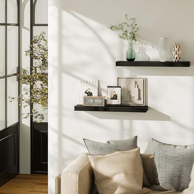 BAMEOS Floating Wall Shelves 24 x 6 Inch – Easy-Install Hanging Shelves with Hardware Included | Modern Decor Shelf for Bathroom, Bedroom & Living Room Storage, Set of 2, Black
