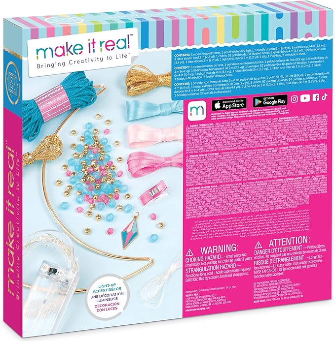 Make It Real: Lunar Dream Catcher with Lights - 131pc DIY Décor Craft Kit, Blue-Gold-Pink, Moon-Shaped, Fairy Lights-Yarn-Ribbon, Tweens-Girls-Kids 8+
