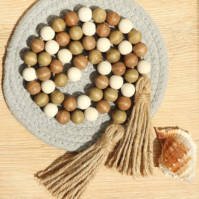 Meplait Wood Bead Garland, 39in Farmhouse Beads with Tassels for Tiered Tray Decor