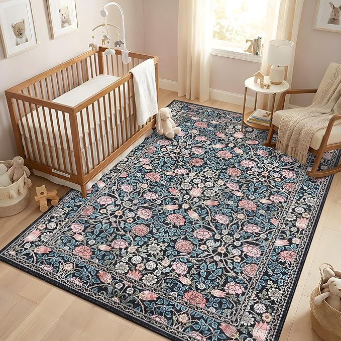 GarveeHome Indigo Blue and Pink Vintage Floral Washable 5x7 Area Rugs for Living Room Boho Retro Rug Low Pile Stain Resistance Non Slip Carpet for Bedroom Nursery Dining Room