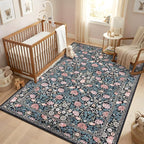 GarveeHome Indigo Blue and Pink Vintage Floral Washable 5x7 Area Rugs for Living Room Boho Retro Rug Low Pile Stain Resistance Non Slip Carpet for Bedroom Nursery Dining Room