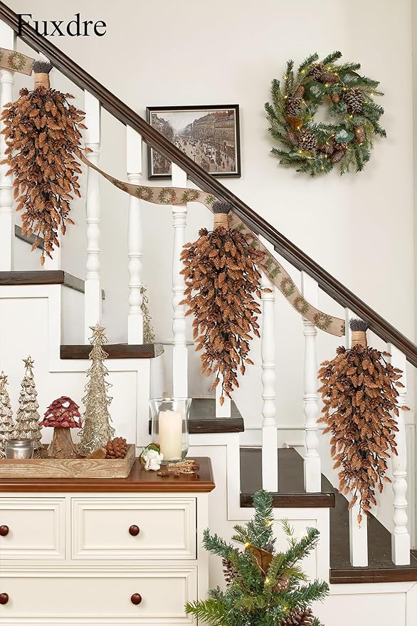 Decorative Teardrop Swag for Front Door, Artificial Wall Swags with Pine Cones for Home Porch Wall Window Halloween Christmas Indoor Outdoor Decor