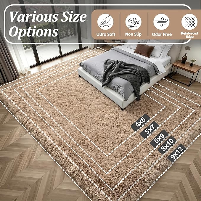 8x10 Area Rugs for Living Room Bedroom: Ultra Soft Fluffy Shag Rug Upgrade Non-Slip Non-Shedding Large Fuzzy Plush Carpet Indoor Floor Carpets for Kids Room Playroom Nursery Dorms Home Decor Beige