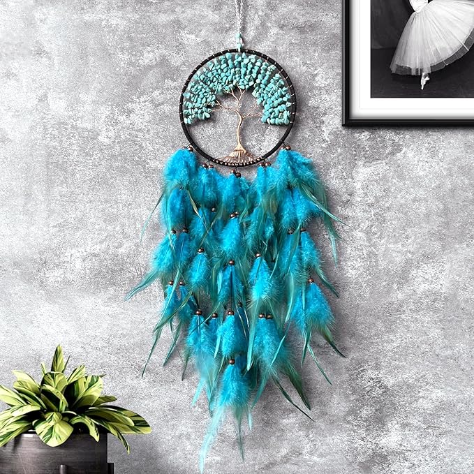 Dream Catchers, Dream Catcher Tree of Life Wall Decor, with Natural Healing Crystal Stone, Perfect Turquoise Handmade Dreamlike Dream Catcher for Bedroom Art Craft Gift