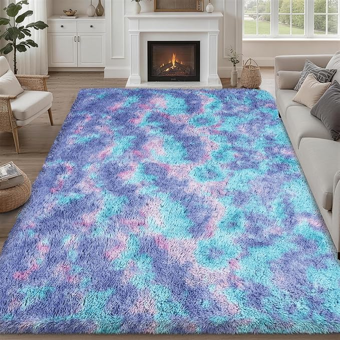 Fluffy Area Rugs 9x12 Living Room Bedroom: Ultra Soft Shag Rug Upgrade Non-Slip Non-Shedding Large Fuzzy Plush Carpet Indoor Floor Carpets for Kids Room Playroom Nursery Dorms Home Rainbow Purple