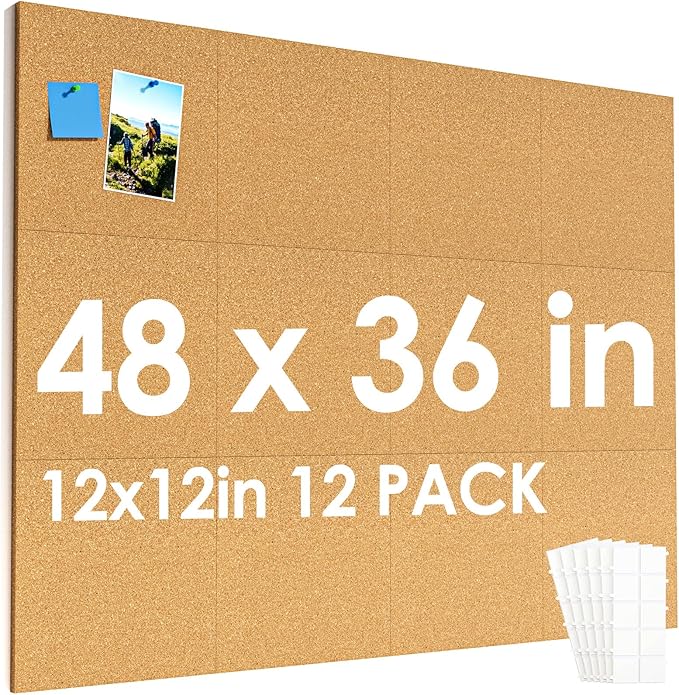 MaxGear Large Cork Board for Wall 48" x 36", 12 Pack Cork Board Tiles with 40 Pushpins & Safe Removable Adhesive Tabs, 12" x 12" Corkboards for Office, School & Home
