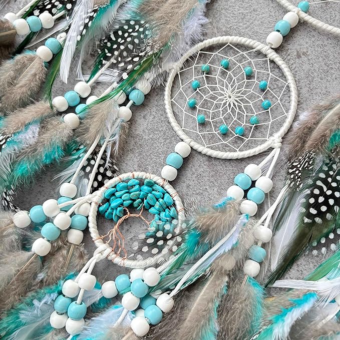 Large Dream Catchers,Boho Handmade Woven Turquoise Dream Catcher Wall Hanging Ornament for Bedroom Living Room Apartment Wedding Party Decor, Festival Blessing Gift (White+Turquoise)