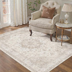 Beige Area Rug 3x4 Washable Vintage Carpet Entryway Office Soft Retro Kitchen Low Pile Thin Door Mat Non Slip Oriental Medallion Throw Small Rug for Bathroom Bedroom Dining Living Room