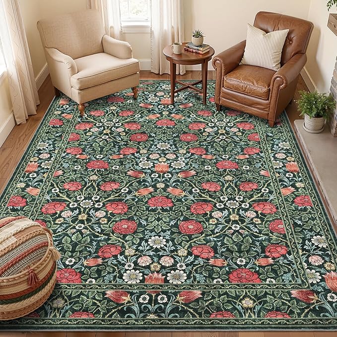 GarveeHome Green Vintage Floral Washable Rugs 5x7 for Living Room Boho Botanical Retro Rug Low Pile Stain Resistance Non Slip Carpet for Bedroom Nursery Dining Room