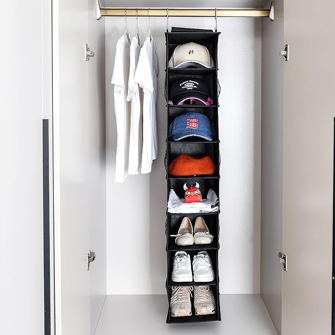 Hanging Shoe Organizer for Closet with Side Mesh Pockets，Hat Racks for Baseball Caps，Shoe and Hat Holder & Storage，8-Shelf，Black，1 Pack