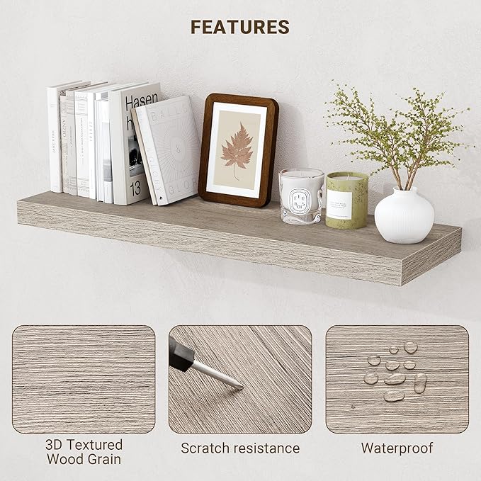 Acovy 36 Inch Floating Shelves, 3D Textured Wood Grain, 36"x9.25"x1.5" Inch Deep Floating Shelves for Wall, Wooden Shelves for Bathroom, Bedroom, Living Room, Vintage Gray Oak, 2 Pieces