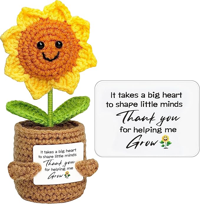 Teacher Gift from Student Teacher Appreciation Gifts for Women Crochet Sunflower Handmade Doll with Positive Card - Thank You for Helping Me Grow Mothers Day Birthday Gift Collectible Doll